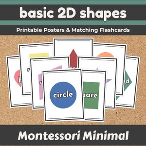 Pode incluir: Um conjunto de cartões flash e cartazes imprimíveis para aprender formas 2D básicas. Cada cartão apresenta uma forma diferente, como um círculo, um quadrado e um triângulo, com o nome da forma. Os cartões são projetados com uma estética minimalista e são rotulados como "Montessori Minimal".