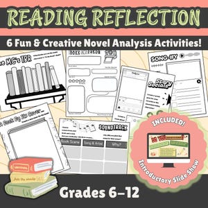 May include: A set of six black and white printable reading reflection activity sheets for grades 6-12, featuring titles like The MC's TBR, Book Snapshot, Story Socials, Song-ify, A Book By Its Cover, and Soundtrack, plus an introductory slide show.