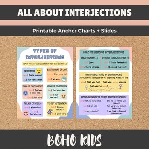 Könnte beinhalten: Lehrreiche, druckbare Ankerdiagramme und Folien über Interjektionen. Die Diagramme befinden sich auf einem Korktafelhintergrund und zeigen farbenfrohe Textfelder mit Beispielen für Interjektionen wie "Wow!" und "Ouch!" für den Unterricht.