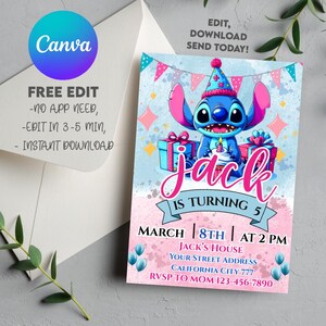 Stitch Birthday Party Invitation Template | Editable Cartoon Bday Evite & Fun Canva Design for Kids Party, Instant Download