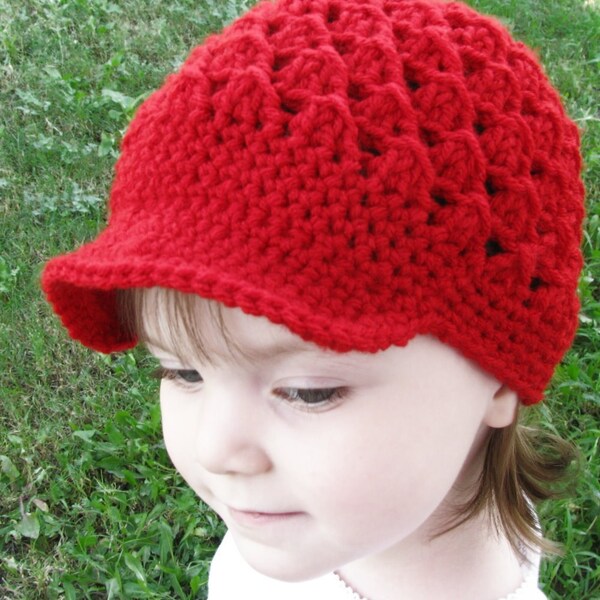 Crochet Beanie Hat with Visor  - Christmas Red (or choose your color) - AND choose the size