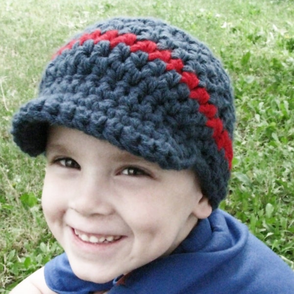 Crochet Boy Beanie Hat with Visor - Crochet Chunky Style - Blue with Red Stripe (or choose YOUR favorite colors)