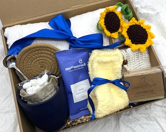 Self Care Gift Box for Mom , Dark Chocolate Cocoa, Handmade Soap, Mug and  Hand Crochet Sunflower Car Charm, Thoughtful Relaxation Gift Box