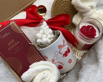 Cozy Gift Box | Valentine’s Day Self Care Gift | Cherry Mug Cocoa Set with Candle, Blanket | Gift for Her| Hygge Gift Box | Winter Care Gift