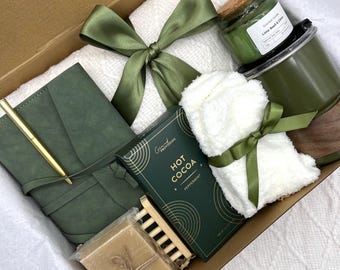 Forest Luxe Self Care Gift Box ,Cozy Green Spa Set with Candle, Journal, Blanket, & Peppermint Hot Cocoa ,Relaxing Gift Box, Hygge Gift Set