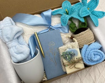 Mothers Day Care Package ,Blue Serenity Self Care Gift Box – Cozy Spa Set with Crochet Flower, Journal & Pen, Handmade Soap, Plush Headband