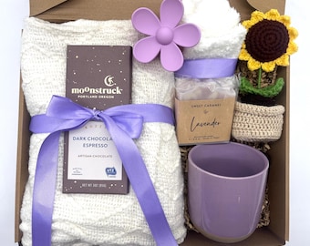Gift Box for Mother with Blanket, Chocolate ,Crochet Flower, Care Package for Friend, Mom, Coworker, Wife, Birthday Gift for Daughter, Hygge