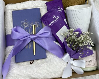 Lavender Self Care Gift Box for Mom – Cozy Care Package with Journal, Candle, Mug & Chocolate – Purple Aesthetic  Gift for Her, Hygge Gift