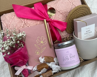 Gift for Mom Pink Cozy Self Care Gift Box for Her | Spa Relaxation Basket with Candle, Hot Cocoa & Journal | Birthday, Valentine’s, Hygge