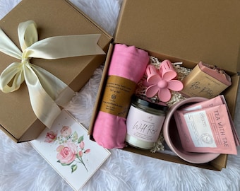 Wild Rose Gift Box with  Rose Scented Soy Candle,  Rose Petals Handmade Soap, Hibiscus Tea & Scarf, Birthday Gift Box, Hygge Gift Box