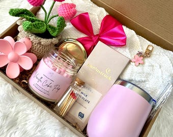 Mother’s Day Self Care Gift Box | Pink Cozy Spa Set | Candle, Tumbler, Crochet Flower, Chocolate | Relaxation Gift for Mom | Ready to Gift