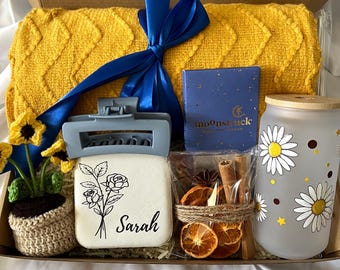 Personalized Mothers Day Gift Set, Sunny Day Personalized Gift Box with Cozy Blanket Throw, Travel Jewelry Box and more, Hygge Gift Box
