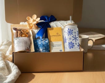 Winter Comfort Care Package | Simmer Potpourri, Fuzzy Socks, Snowflake Cup, Chocolate | Hygge Gift Box|  Winter Cozy Gift Box| Gift box
