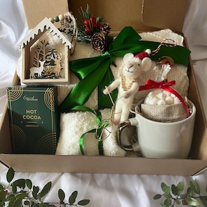 May include: A gift box filled with a cozy winter theme. It includes a mug, hot cocoa, a plush blanket, a decorative wooden house, and a cute mouse figurine. The box is tied with a green ribbon and decorated with greenery.