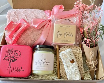 Personalized Gift, Blush Rose Self Care Gift Box – Personalized Spa Set with Candle, Soap, Cozy Blanket & Accessories, Relaxation Gift Set