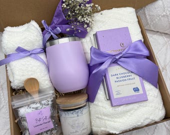 Mothers Day Gift Set ,Lavender Passion Self Care Gift Box | Relaxation Spa Set | Cozy Blanket, Candle, Bath Salts, Chocolate Gift | Birthday