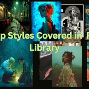 Peut inclure: Un collage de divers styles d'art numérique présentant des portraits, des paysages et des illustrations aux couleurs vives. Le texte 500 Top Styles Covered in Prompt Library est superposé en vert clair au centre de la collection d'images.
