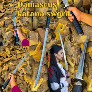 Handmade Sanmai Damascus Katana - Hand Forged Full Tang Damascus Steel Clay Tempering Japanese Samurai Katana Sword Real, Gift, Japanese USA