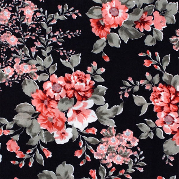 Pinky Gray Flowers on Black Ponte de Roma Knit Fabric