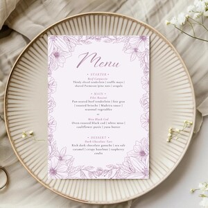 Plantilla de menú de boda editable / Menú floral rosa / Menú de fiesta ruborizado Canva / Menú de cena imprimible para bodas o eventos / Descarga instantánea