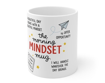 Taza de cerámica con frase inspiradora "Morning Mindset", ideal para amantes del café, motivacional, 325 ml y 433 ml.