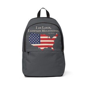 I Contain Multitudes - Sac à dos USA Map | Sac citation Walt Whitman | Ligne Liberty | Pack pour ordinateur portable scolaire patriotique Performance unisexe