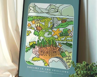 May include: Framed art print featuring a colorful illustration of an underwater scene with starfish, coral, and other marine life. The print has a teal background and a black frame. Text at the bottom reads "Dreams in the shallows - Gnome Art Studios."