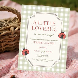 May include: Baby shower invitation with a light green gingham background and a decorative frame. The text reads "A Little Lovebug is on the way!" with ladybug illustrations. Details include the date, time, and location.