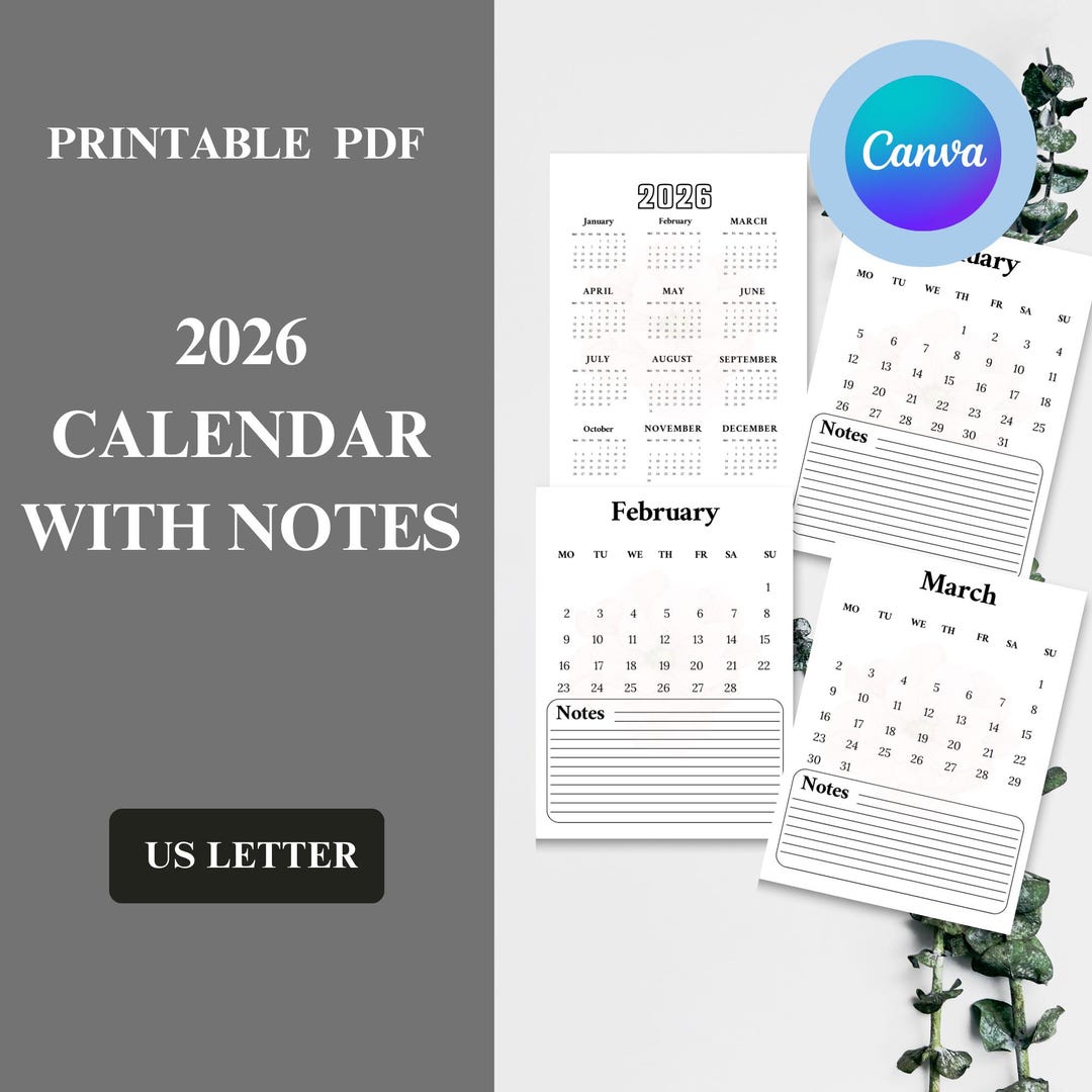 2026 Calendar With Notes, Printable Minimalist Planner, US Letter ...
