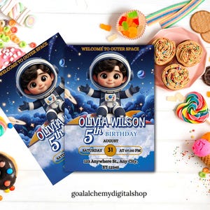 Editable Moon and Space Birthday Invitation - Outer Space Party for Kids - Rocket, Stars, Planets Theme - Canva Template, Digital Download