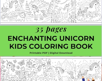 Unicorn Coloring Pages for Kids, 35 Printable Unicorn Coloring Sheets, Digital Download PDF, Kids Activity, Birthday Party Favor, Homeschool