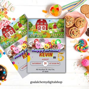 Faire-part d'anniversaire animaux du zoo modifiable - amis Safari mignons dans le thème de la maison - invitation de fête d'enfants numérique, modèle de téléchargement imprimable canva