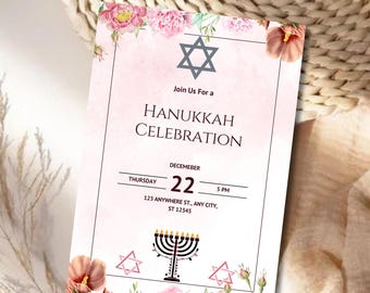 Hanukkah Celebration Invitation Editable Template, Invitation Cards, Festival of Lights Menorah Printable Download