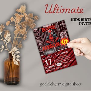 Faire-part d'anniversaire pour enfants Deadpool | imprimable carte super-héros drôle | Téléchargement numérique personnalisé | Conception de style bande dessinée | Livraison rapide