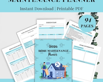 Home Maintenance Planner 2026 Printable PDF, Cleaning Schedule & Repair Tracker, Home Organization Planner, Household Binder, Download