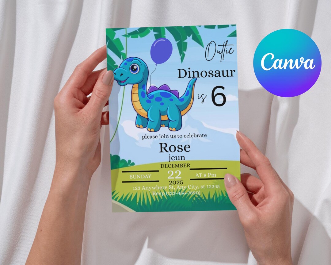 Editable Dinosaur Birthday Party Invitation: Cartoon Dino Design Canva ...