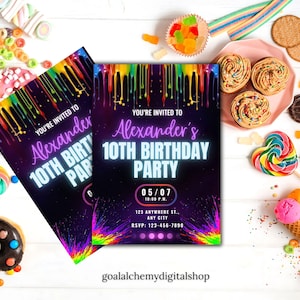 Invitation d'anniversaire colorée pour enfants | Modèle modifiable de fête arc-en-ciel | Thème ludique et amusant | Téléchargement numérique | Invitation instantanée garçon fille