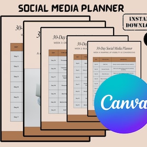 Könnte beinhalten: Ein Stapel Social-Media-Planer mit braunem Rand. Der Text "SOCIAL MEDIA PLANNER" befindet sich oben. Das Bild enthält den Text "INSTANT DOWNLOAD" und das Canva-Logo.
