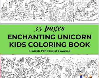 Dibujos para colorear de unicornios para niños, 35 láminas imprimibles para colorear de unicornios, descarga digital en PDF, actividad para niños, recuerdo de fiesta de cumpleaños, educación en casa.