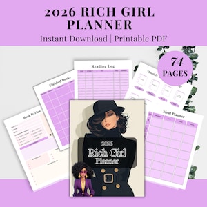 May include: A digital planner with a cover featuring a stylish woman in a black coat and hat. The planner includes pages for book reviews, reading logs, and meal planning. The text reads "2026 Rich Girl Planner" and "Instant Download | Printable PDF".