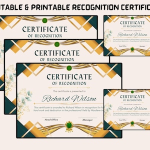 Editable Certificate of Recognition Template, Printable PDF with Gold Floral Details