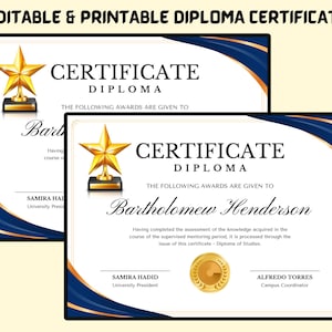 May include: Two diploma certificates with gold star trophies. The certificates have a white background with blue and gold accents. Text includes "Certificate Diploma" and "The following awards are given to".