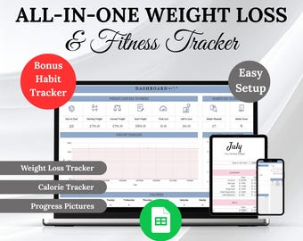 Weight Loss & Fitness Tracker | Workout Planner Habit Tracker | Calorie Tracker Meal and Fitness Log Google Sheets Template Digital Planner