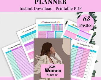 2026 Women Planner Printable PDF, Daily Weekly Monthly Organizer with Wellness