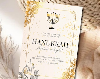 Hanukkah Celebration Invitation Editable Canva Template, Jewish Holiday Party Invite, Festival of Lights Menorah