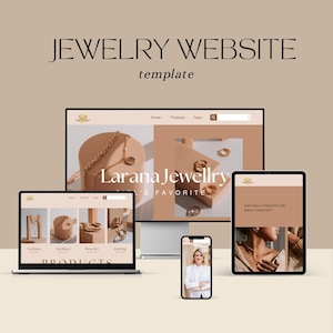 Op de afbeelding: Een sjabloon voor een sieradenwebsite weergegeven op een desktopcomputer, laptop, tablet en smartphone. De website toont gouden sieraden, waaronder kettingen, armbanden en oorbellen. De naam van de website is "Larana Jewellry".