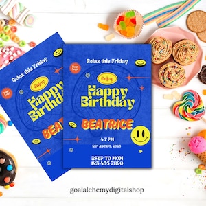 Convite de aniversário infantil com rosto legal | Modelo de festa editável | Tema de óculos de sol | Download digital | Convite para menino e menina | Acesso instantâneo