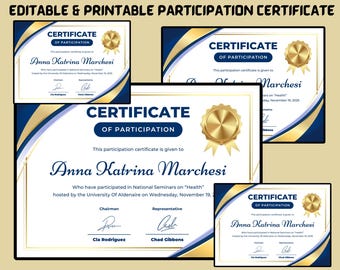 Editable Participation Certificate Template: Printable Award (PDF Download, DIY Gift), Canva Template