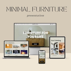 May include: A presentation titled "MINIMAL FURNITURE" with the word "presentation" below it. The image shows a laptop, desktop computer, tablet, and smartphone displaying a furniture website. The website's text reads "FURNITURE FOR YOUR LIFE".