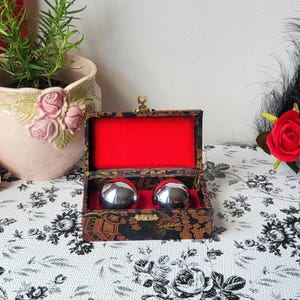 May include: An open, ornate box with a red interior holds two silver spheres. The box is black with gold and brown floral patterns. A decorative red rose and a potted plant are in the background.